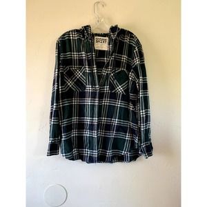 Garage flannel shirt blue green white plaid boyfriend fit button up w/ hoodie L